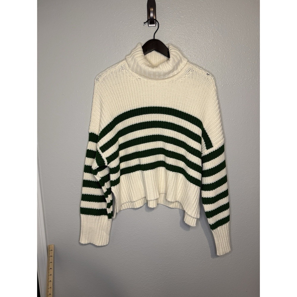 Madewell White‎ Green Striped Wide Rib Turtleneck Sweater Women's XL